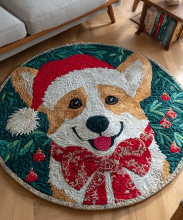 Holly Jolly Corgi Quilted Round Mat
