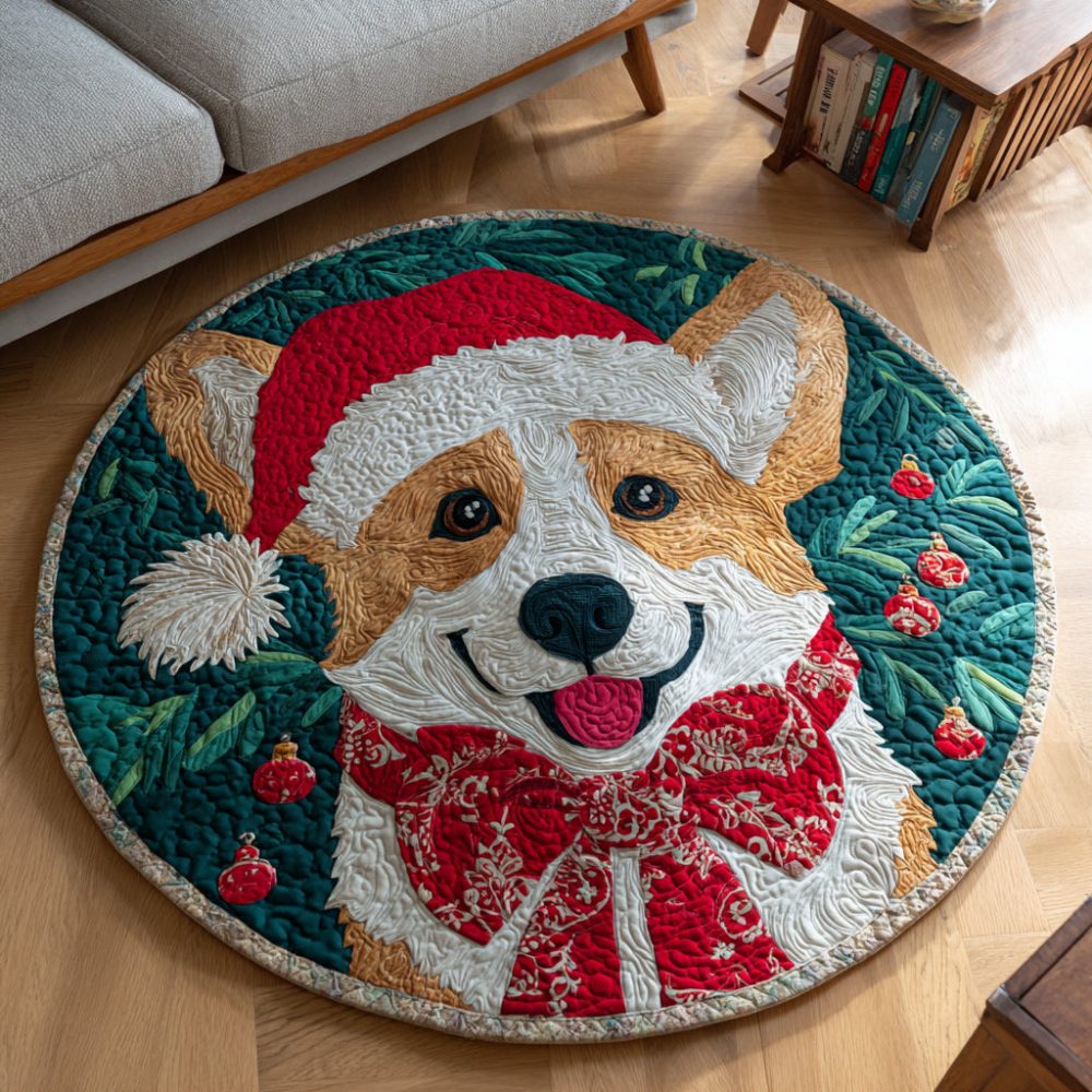Holly Jolly Corgi Quilted Round Mat