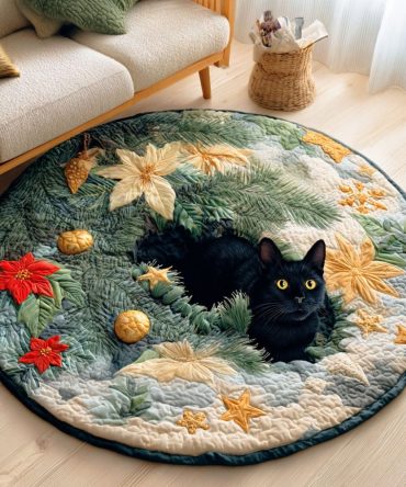 Holly Night Cat Quilted Round Mat