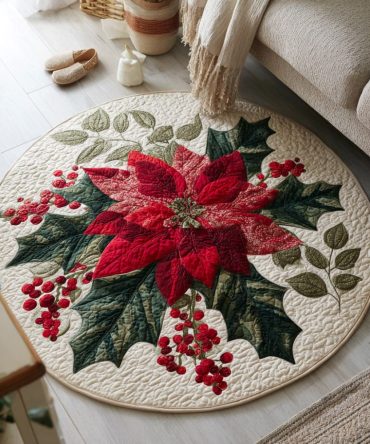 Holly Poinsettia Quilted Round Mat