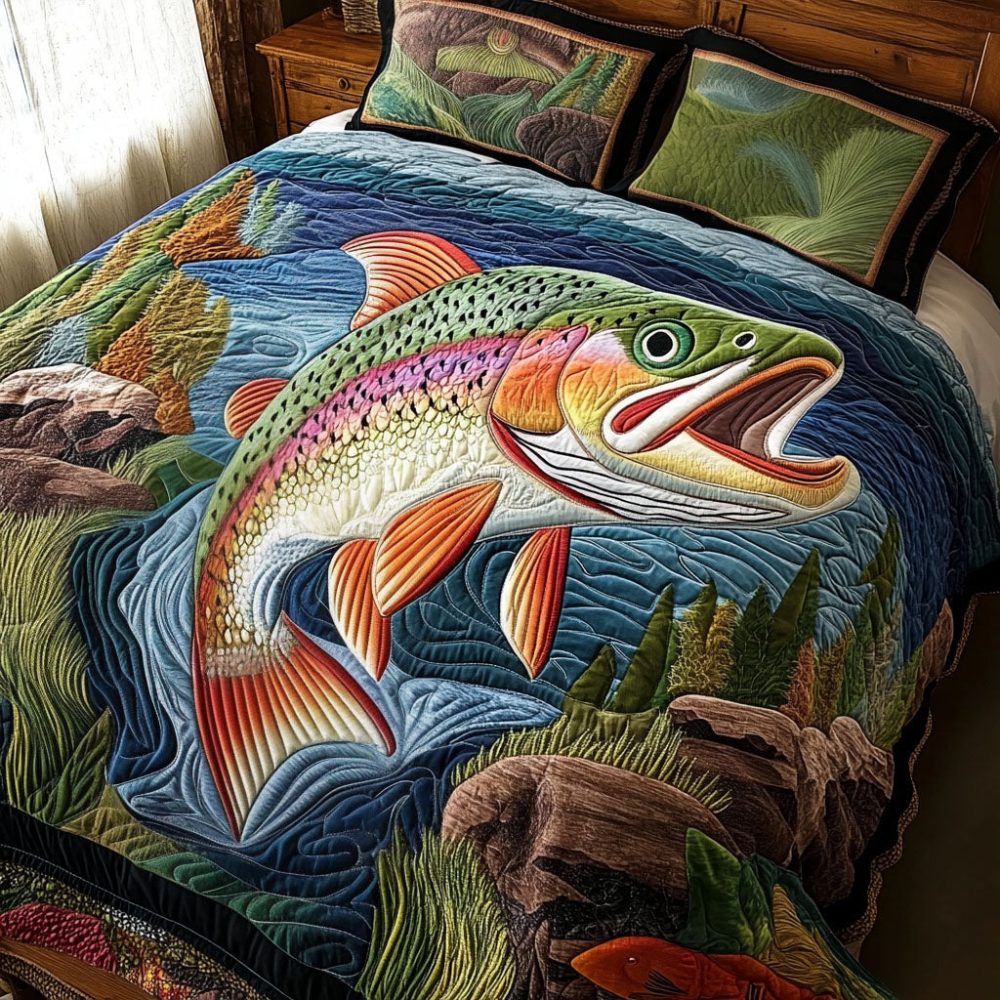 Hooked On Trout 3-Piece Quilted Bedding Set
