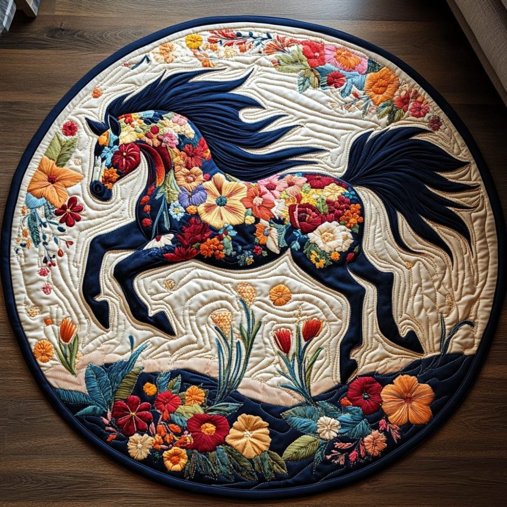 Horse Lover Floral Quilted Round Mat
