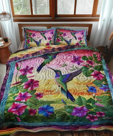Hummingbird With Sunset 3-Piece Quilted Bedding Set