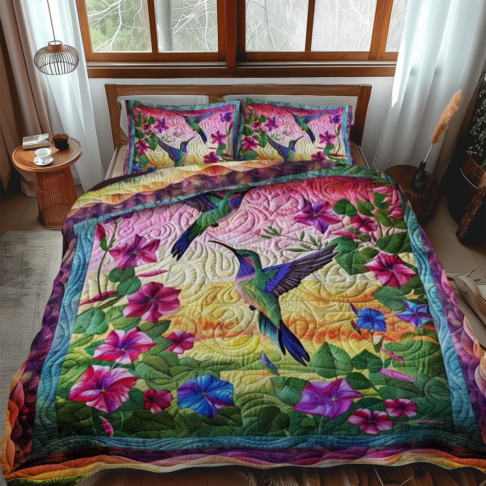 Hummingbird With Sunset 3-Piece Quilted Bedding Set
