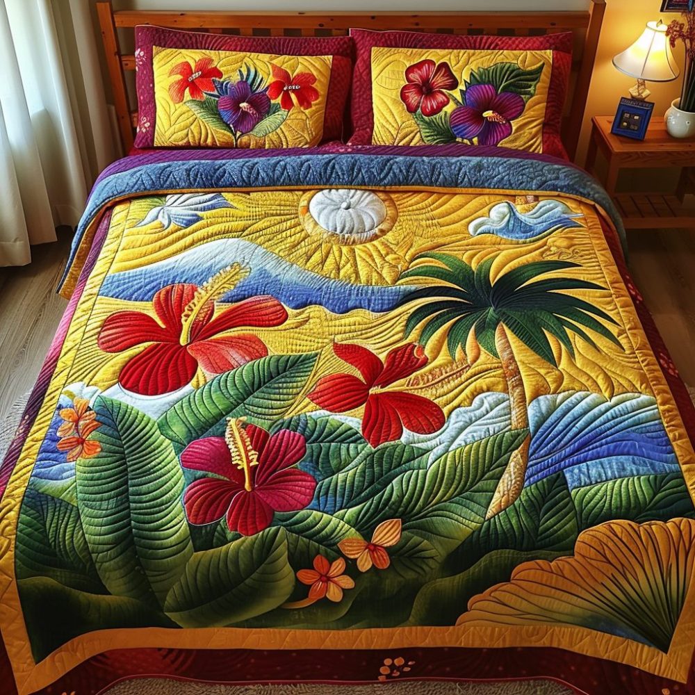 Island Sunset Hibiscus 3-Piece Quilted Bedding Set