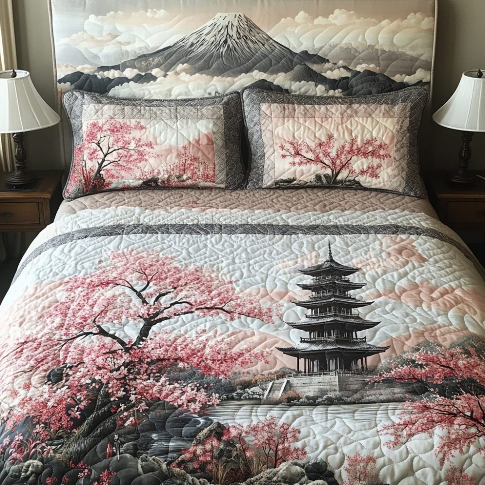 Japan Cherry Blossom Pagoda 3-Piece Quilted Bedding Set
