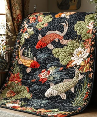 Japanese Koi Elegance Quilted Blanket