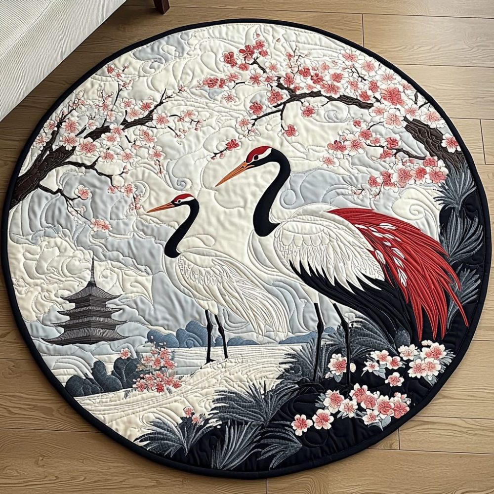 Japanese Crane Blossom Quilted Round Mat