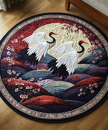 Japanese Crane Flying Quilted Round Mat