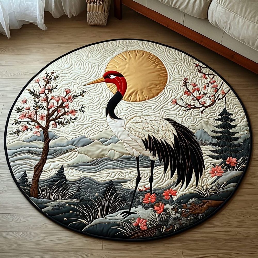 Japanese Crane Golden Sun Quilted Round Mat