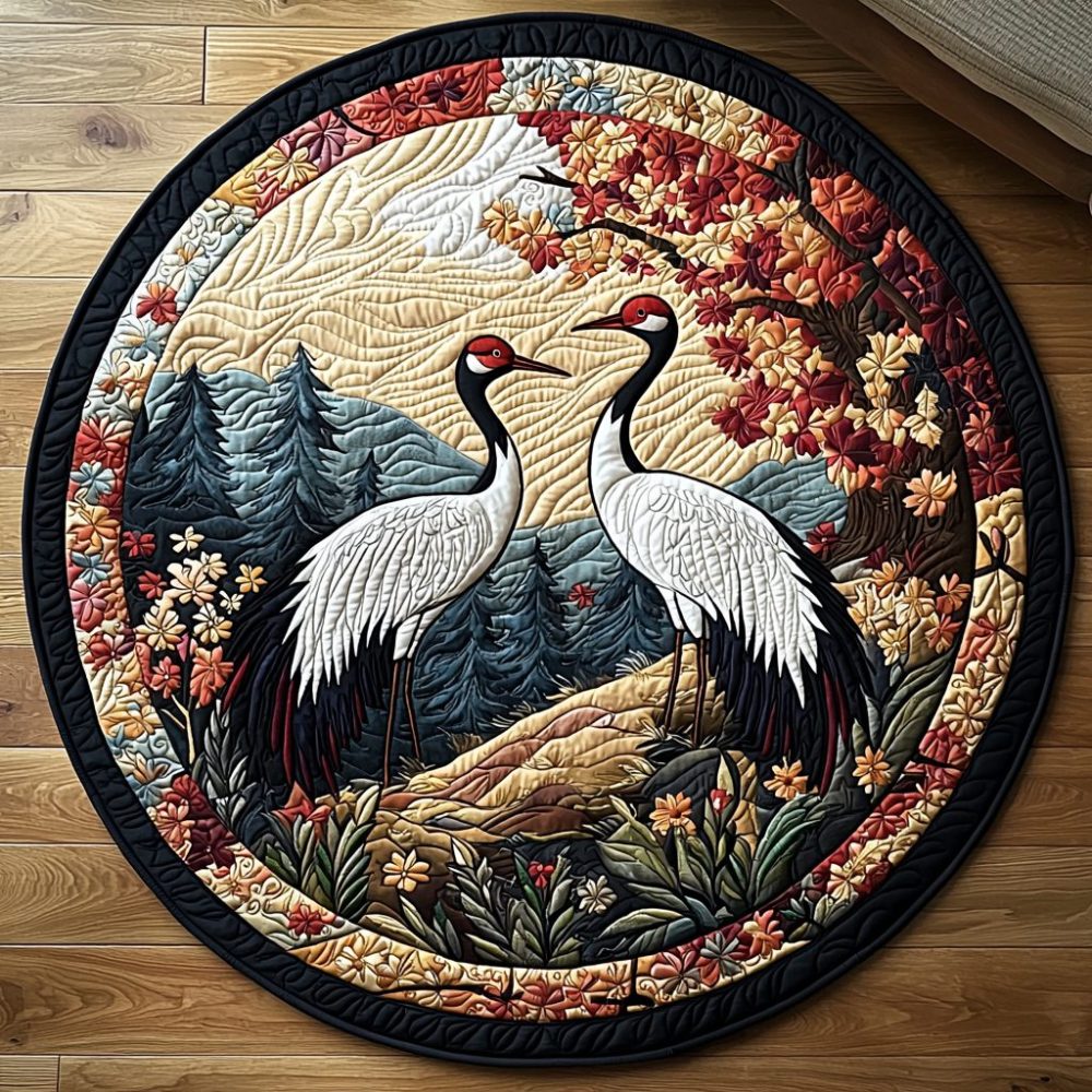 Japanese Crane Scenery Quilted Round Mat