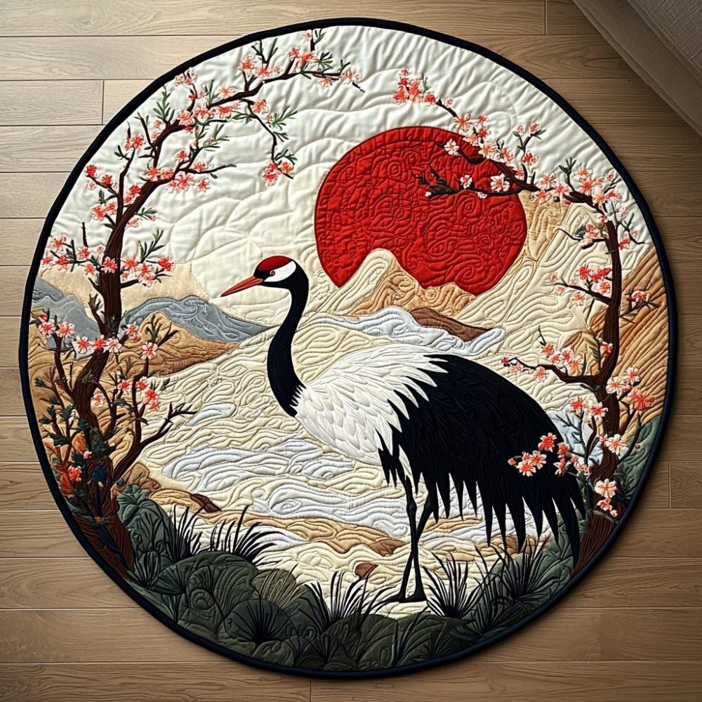 Japanese Crane Sunrise Quilted Round Mat