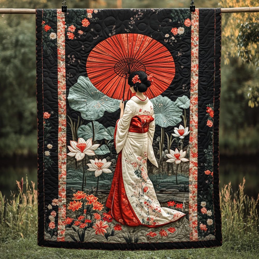 Japanese Geisha Elegance Quilted Blanket