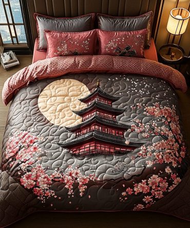 Japanese Pagoda Ancient Moon 3-Piece Quilted Bedding Set