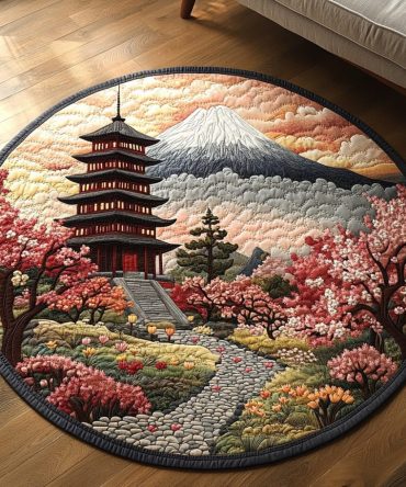 Japanese Pagoda Scene Quilted Round Mat
