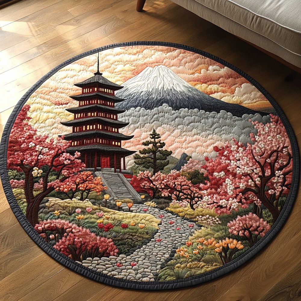 Japanese Pagoda Scene Quilted Round Mat