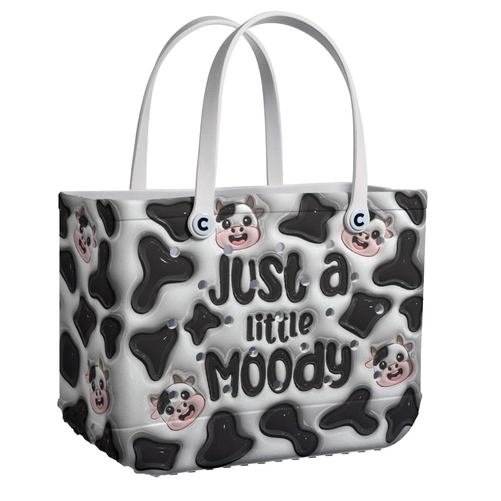 Trendy Cow Print Tote Bag - 'Just A Little Moody' Design, Durable & Stylish For Everyday Use