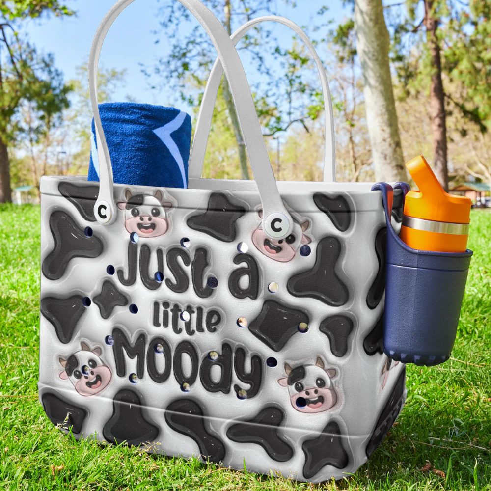 Trendy Cow Print Tote Bag - 'Just A Little Moody' Design, Durable & Stylish For Everyday Use - Image 3