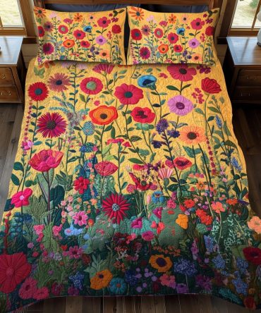 Kaleidoscopic Flowers 3-Piece Quilted Bedding Set