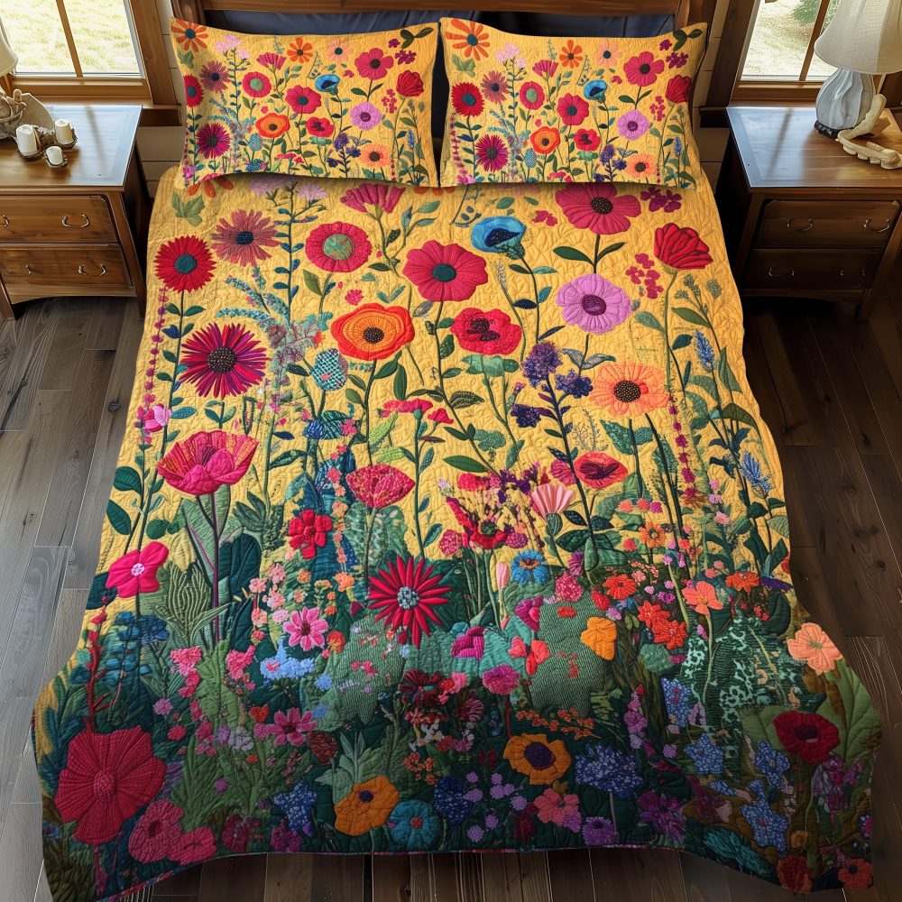 Kaleidoscopic Flowers 3-Piece Quilted Bedding Set
