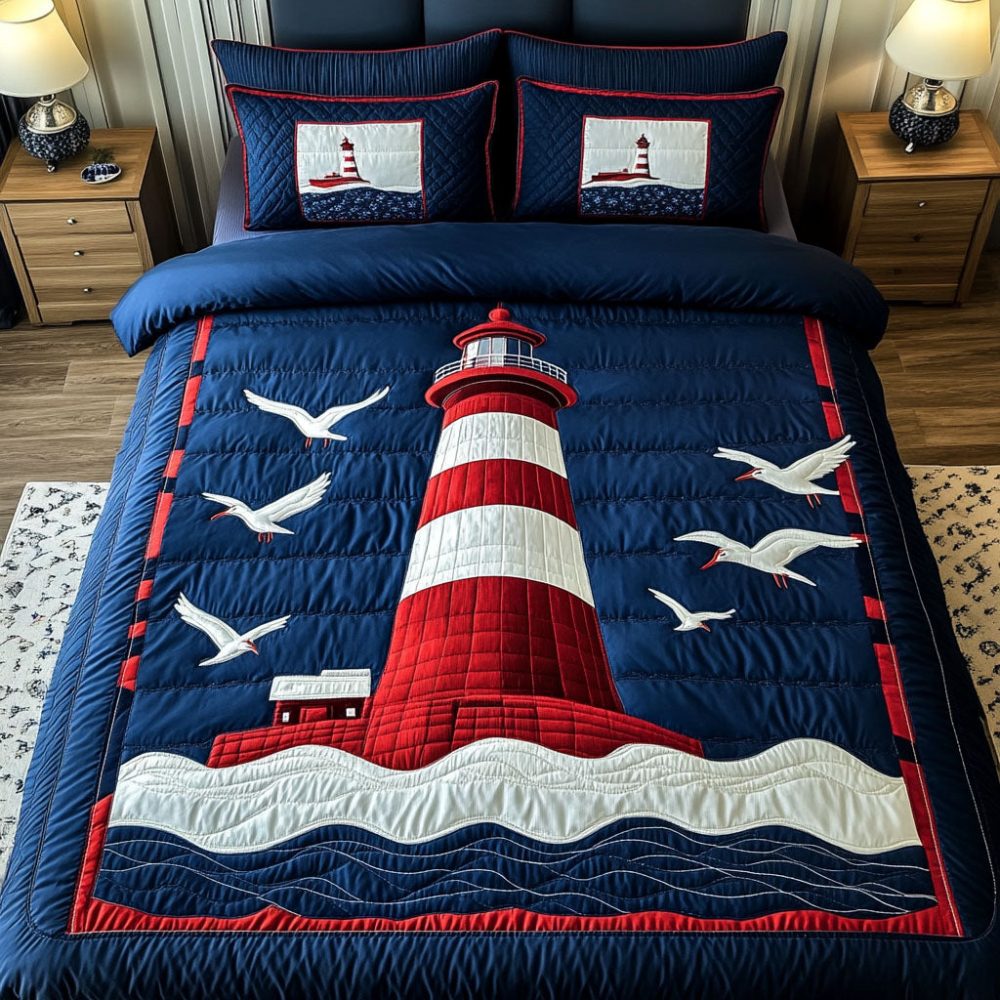 Lighthouse Sunrise 3-Piece Quilted Bedding Set
