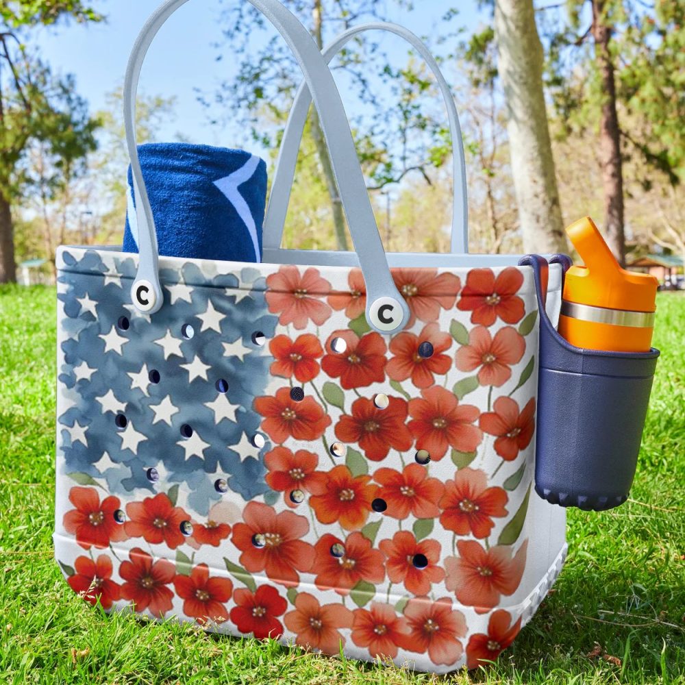 Patriotic Floral Tote Bag – American Flag Design With Stars & Flowers – Perfect For Summer Outings - Image 4
