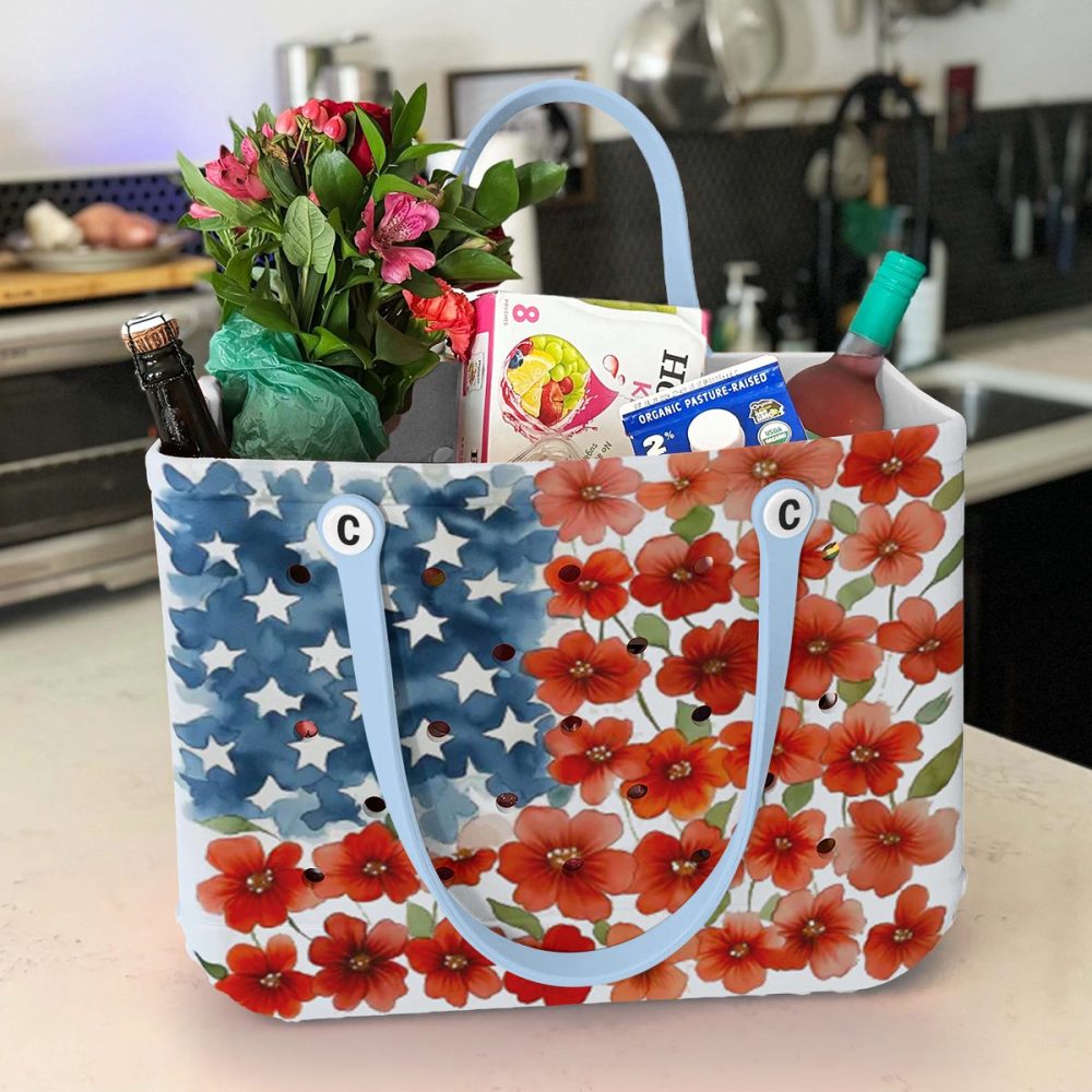 Patriotic Floral Tote Bag – American Flag Design With Stars & Flowers – Perfect For Summer Outings - Image 2