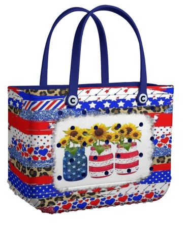 Patriotic Sunflower Tote Bag - American Flag Design, Stars & Stripes Pattern, Perfect For Summer Outings