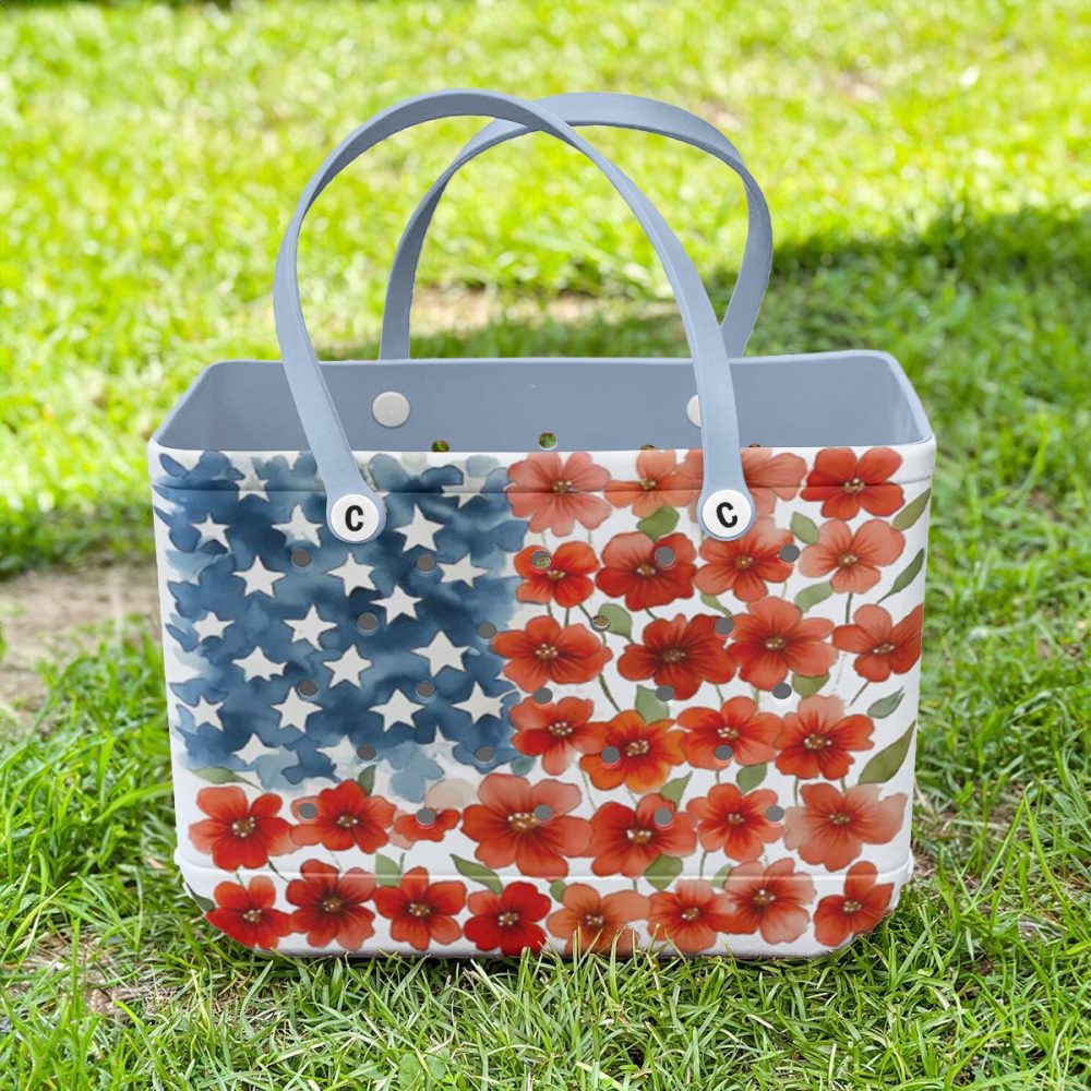 Patriotic Floral Tote Bag – American Flag Design With Stars & Flowers – Perfect For Summer Outings - Image 5