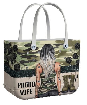 Stylish Camo Tote Bag - Proud Wife Design With Roses & Boots - Perfect Gift For Military Spouses