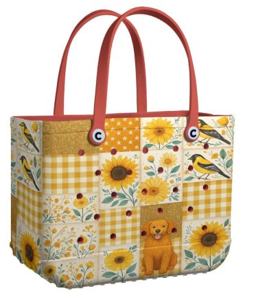Bright Floral Patchwork Tote Bag With Cute Dog & Bird Design - Perfect For Everyday Use