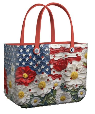 Patriotic Floral Tote Bag - Stylish Usa Flag Design With Vibrant Flowers, Perfect For Summer Outings
