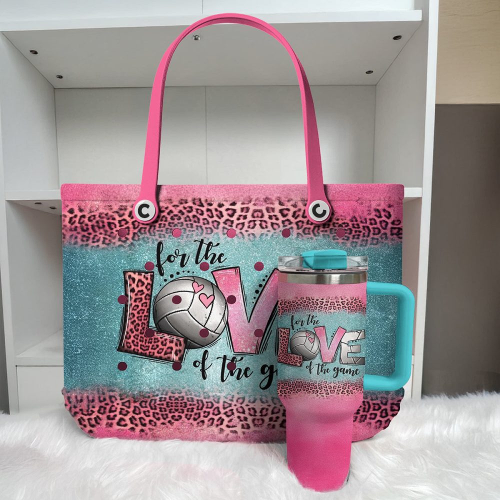 Volleyball Lover'S Tote Bag - Stylish Pink & Teal Leopard Print With Heart Design - Perfect For Game Day! - Image 2