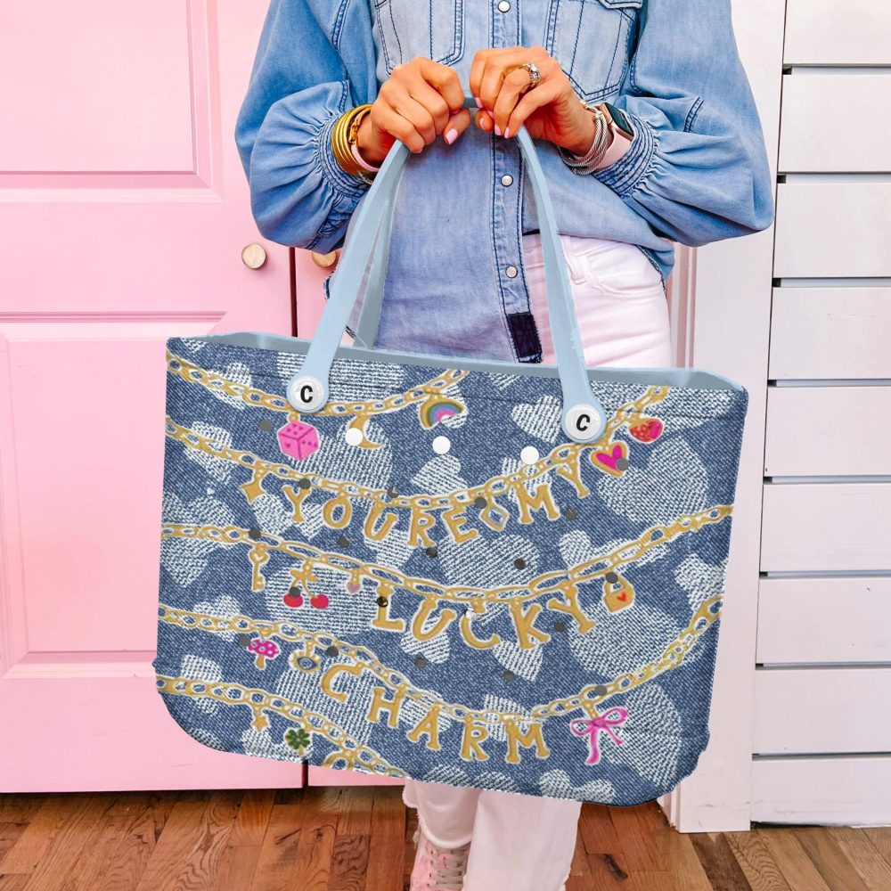 Bucket Tote Bag, Limited Edition Bogg Bag, Beach Bag Lucky Denim Charm - Image 2