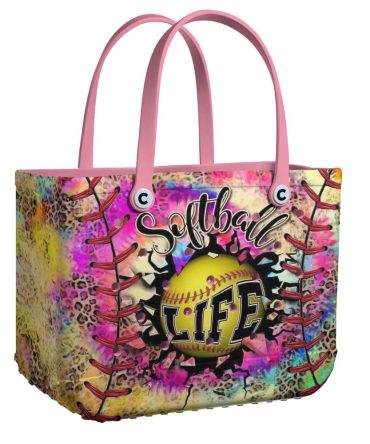Colorful Softball Life Tote Bag – Vibrant Sports Lover'S Handbag With Pink Handles
