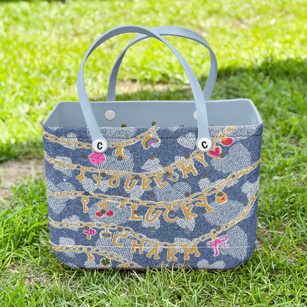 Bucket Tote Bag, Limited Edition Bogg Bag, Beach Bag Lucky Denim Charm - Image 6