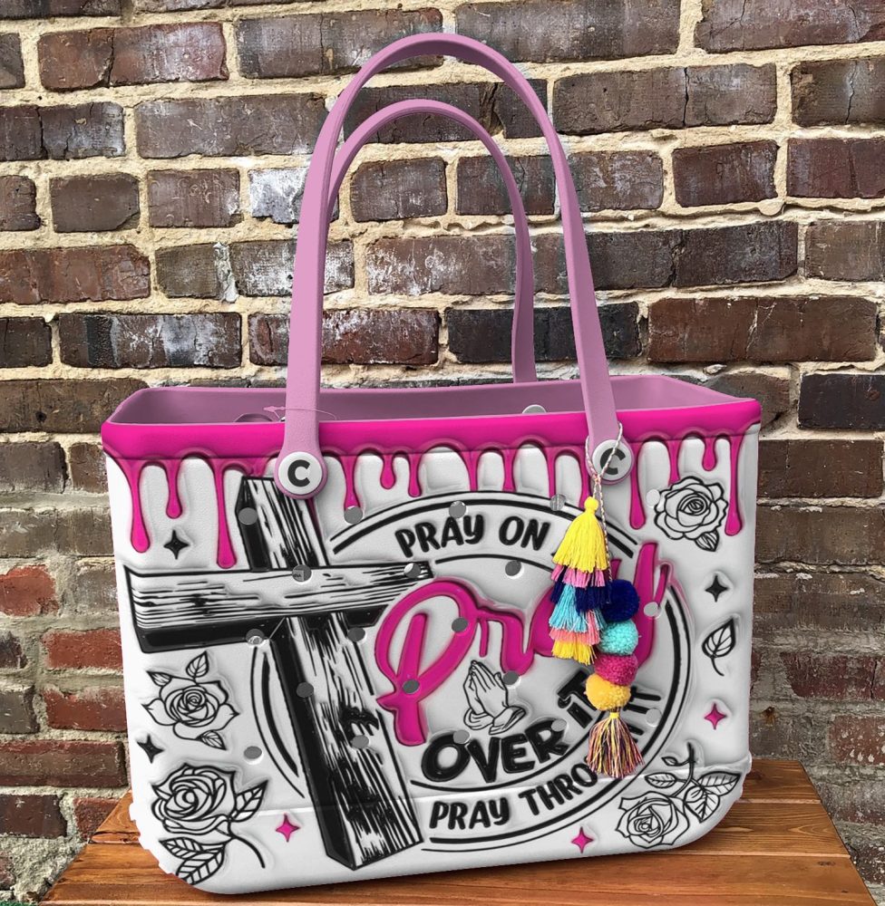 Stylish Pink & White Tote Bag With Inspirational 'Pray On It' Design – Perfect For Everyday Use! - Image 5