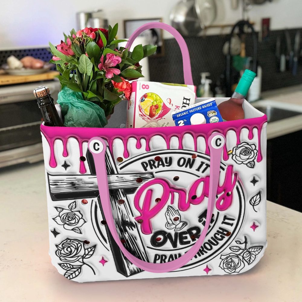 Stylish Pink & White Tote Bag With Inspirational 'Pray On It' Design – Perfect For Everyday Use! - Image 2