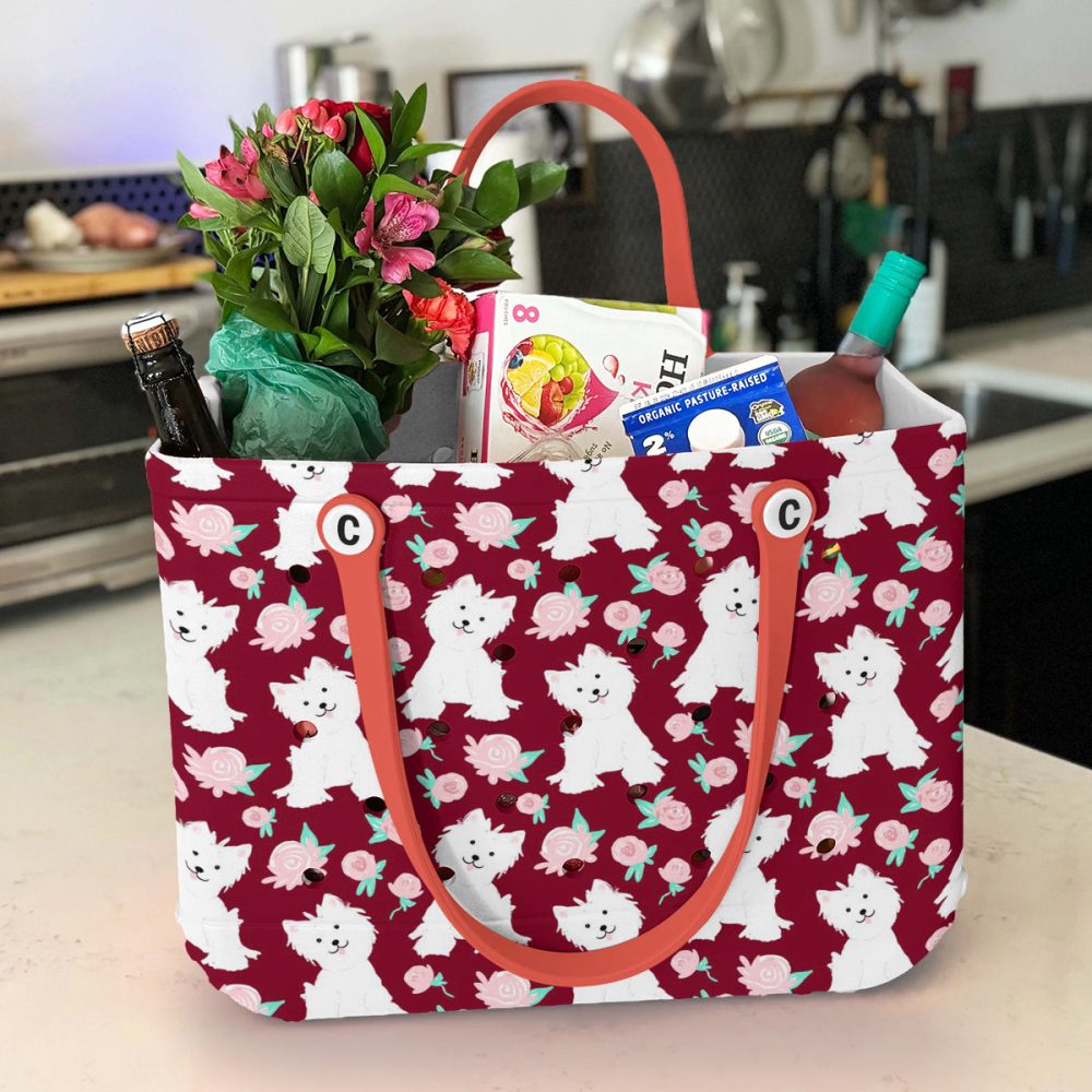 Chic Dog & Floral Tote Bag - Stylish Red Handle, Perfect For Pet Lovers & Fashionistas - Image 2