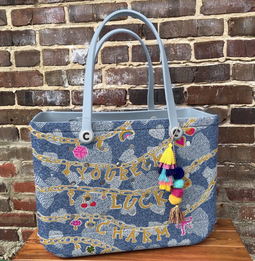 Bucket Tote Bag, Limited Edition Bogg Bag, Beach Bag Lucky Denim Charm - Image 3