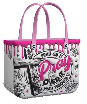 Stylish Pink & White Tote Bag With Inspirational 'Pray On It' Design – Perfect For Everyday Use!