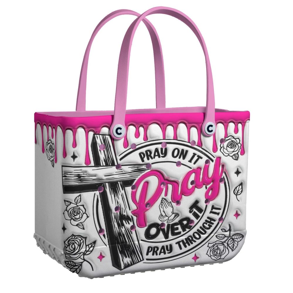 Stylish Pink & White Tote Bag With Inspirational 'Pray On It' Design – Perfect For Everyday Use!