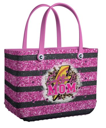 Sparkling Softball Mom Tote Bag – Stylish Pink Glitter Stripes For Proud Moms