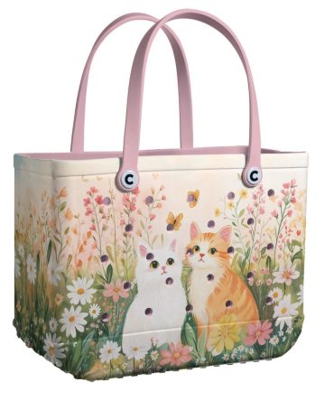 Chic Cat Lover'S Tote Bag - Floral Design With Cute Kittens - Perfect For Shopping & Beach Days