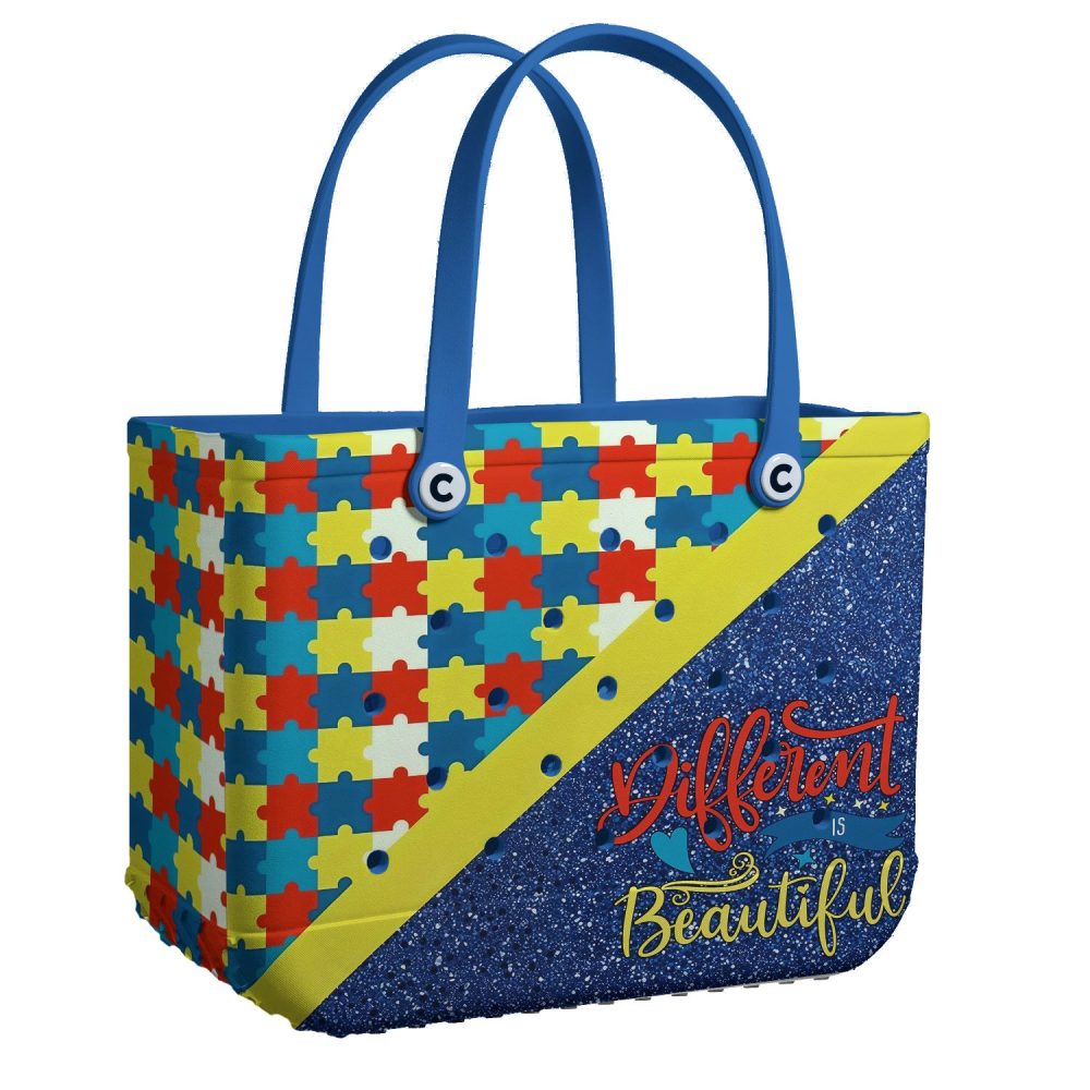 Vibrant Puzzle Piece Tote Bag - 'Different Is Beautiful' Design, Durable & Stylish Carry-All