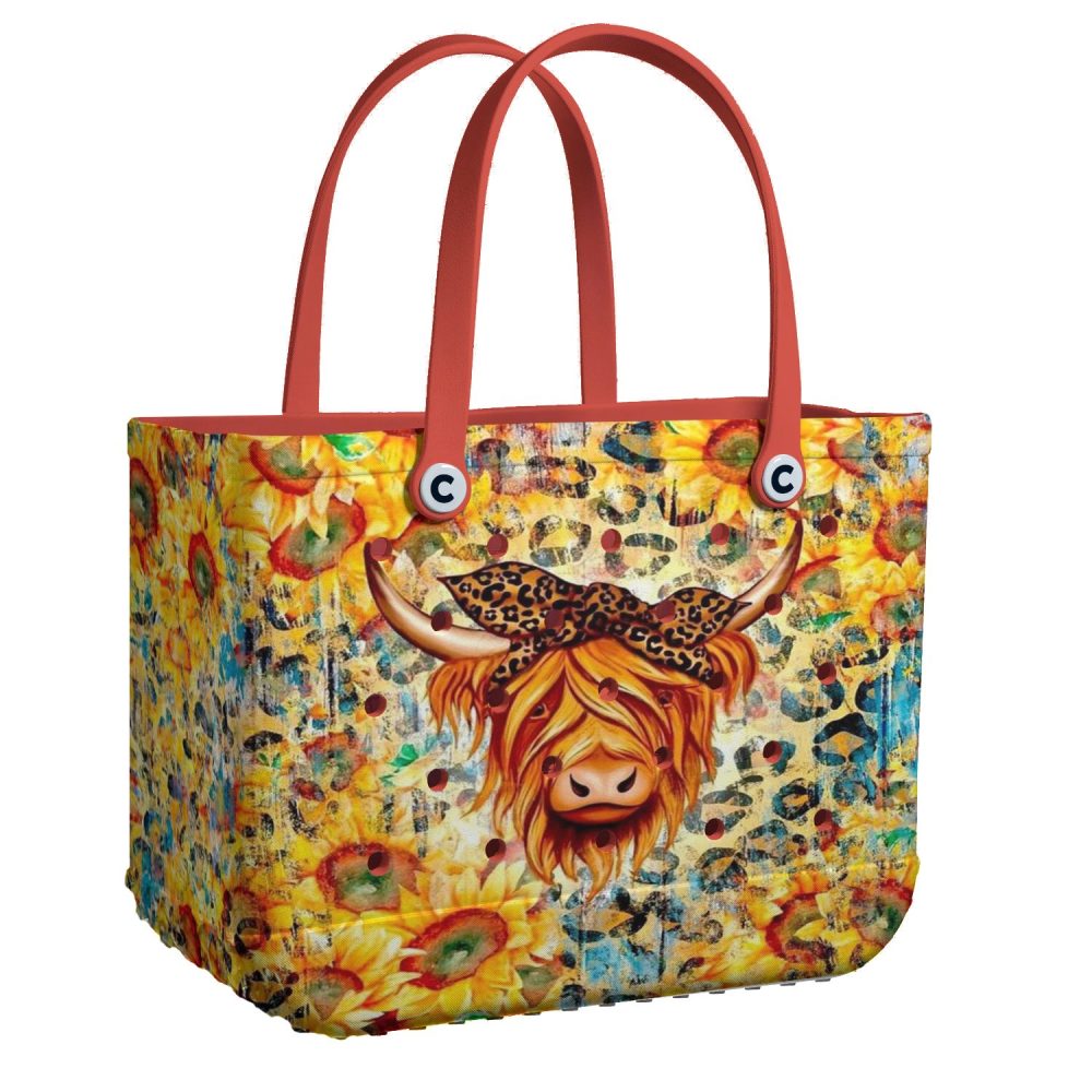 Colorful Highland Cow Tote Bag – Vibrant Sunflower & Leopard Print Design – Perfect Statement Accessory