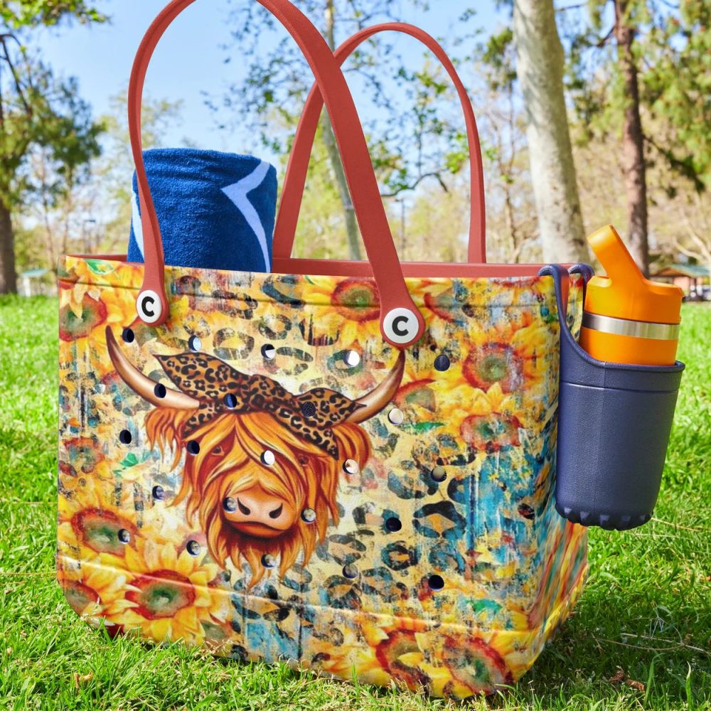 Colorful Highland Cow Tote Bag – Vibrant Sunflower & Leopard Print Design – Perfect Statement Accessory - Image 3