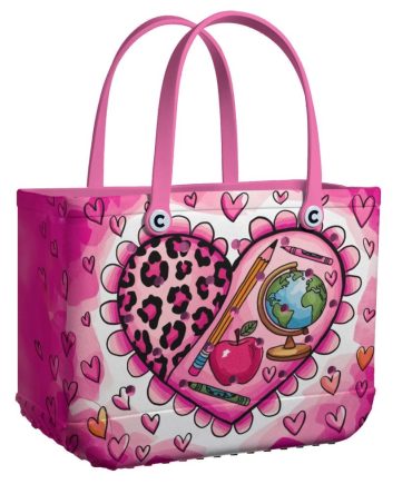 Vibrant Pink Heart Tote Bag - Leopard Print & School Icons - Perfect For Teachers & Students!