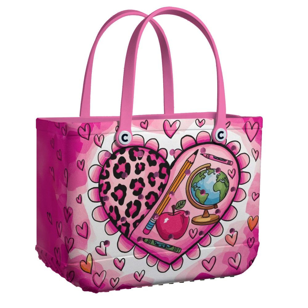Vibrant Pink Heart Tote Bag - Leopard Print & School Icons - Perfect For Teachers & Students!