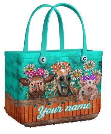 Personalized Farm Animal Tote Bag – Custom Name, Cute Cow & Pig Design, Eco-Friendly